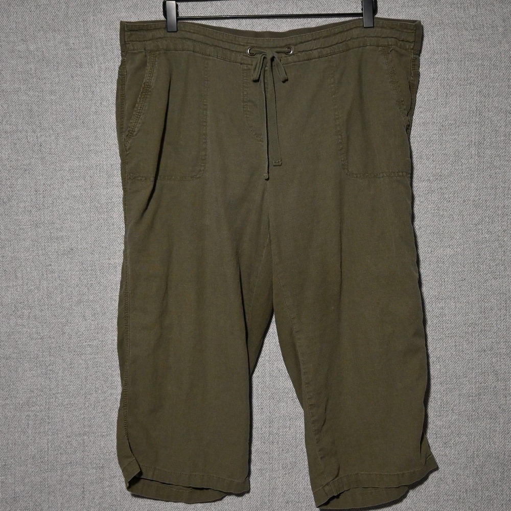 Per Se Linen Blend Cropped Pants Womens Plus 1X Olive Green Drawstring Waist